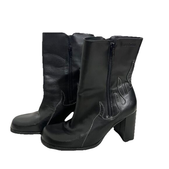 Harley Davidson Leather Scorch Flame Boots Size 8 /EU 39 Biker Gothic Block Heel - Picture 1 of 8